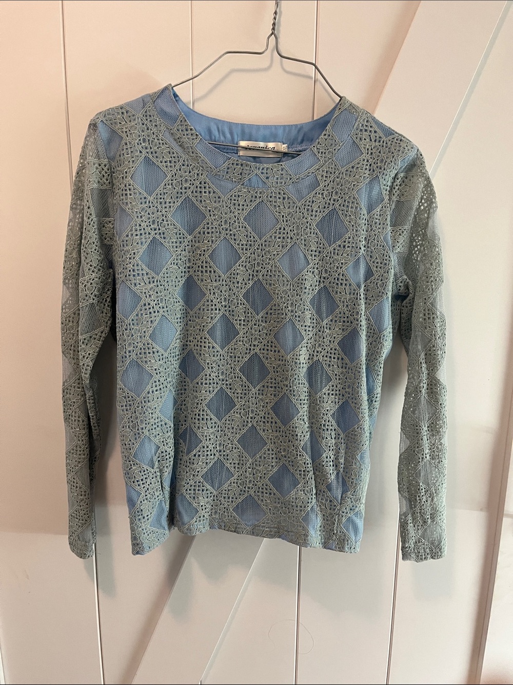Light Blue Lace Overlay Long-Sleeve Blouse